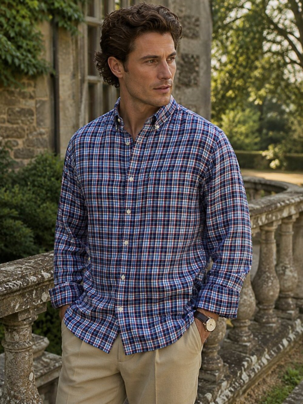 Barbour Linen Plaid Button-Down Shirt Men's Navy Red Preppy Large